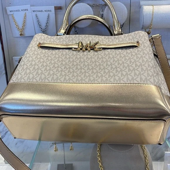 MICHAEL KORS 
Reed Large CZ Graphic Logo Belted Satchel
Vanilla /Pale Gold 
NWT - Picture 7 of 16